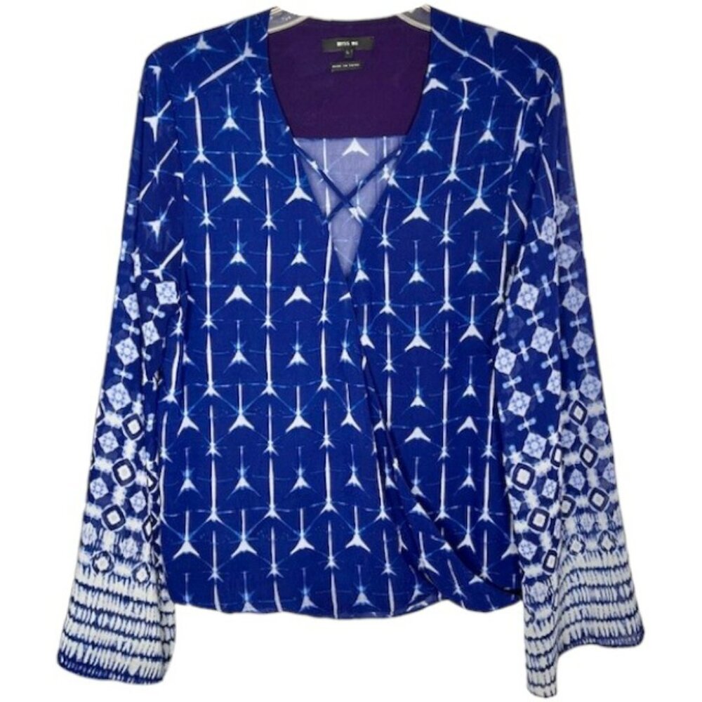Miss Me Printed Faux Wrap Top Wide Sleeves - Indigo Blue/White - L
